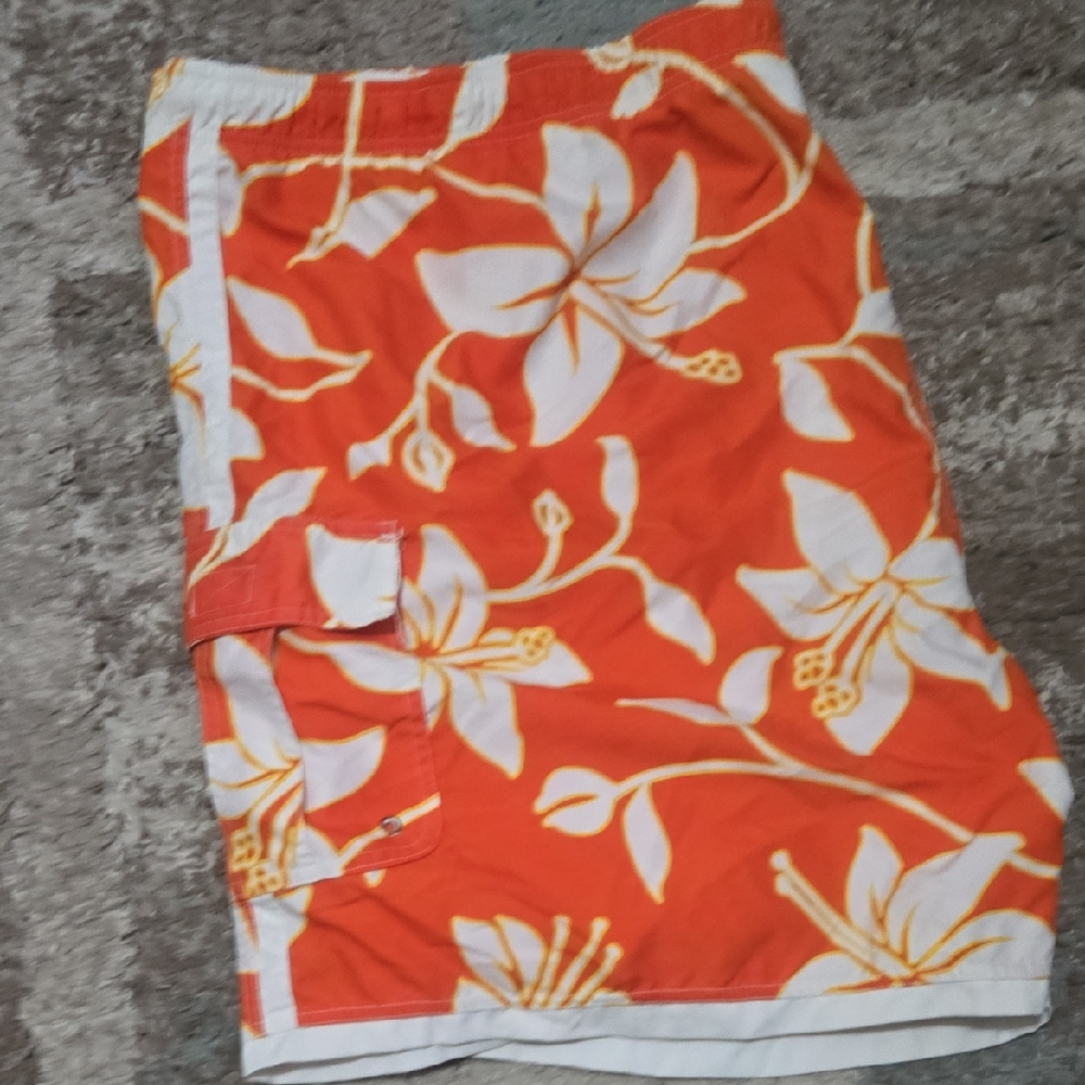 Orange and White Tropical Swim Trunks